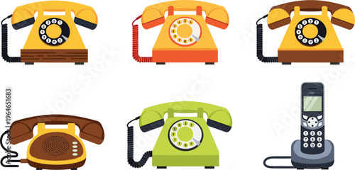 Collection of vintage rotary telephones and cordless phone devices isolated on white background communication technology vector illustration set