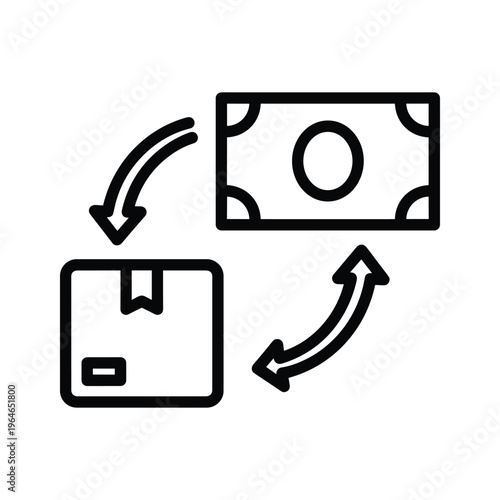 Diagram showing the process of exchanging money for a package and receiving change back in a simple, cyclical flow