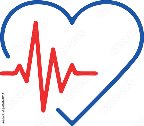 Red electrocardiogram heartbeat line inside blue outlined heart shape on white background health