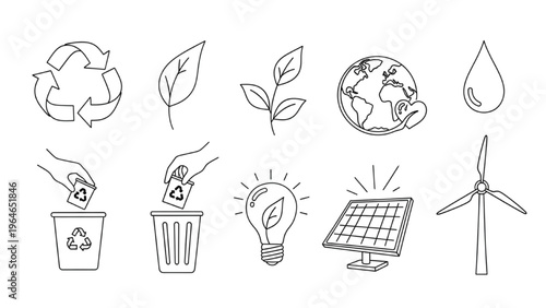Set of clean energy and environmental protection icons with a recycling symbol