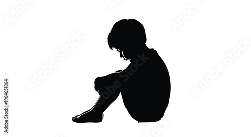 Isolated vector graphic of a young child's silhouette sitting with knees pulled up in a thoughtful pose.