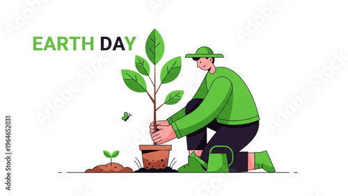 Symbolic flat illustration of a person nurturing a young plant, promoting reforestation and environmental protection