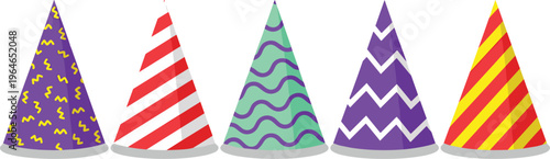 Set of colorful vector party hats featuring vibrant patterns like stripes and zigzags for birthday celebrations festive events and holiday greeting card designs.