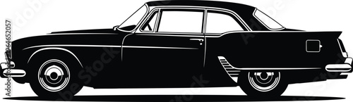 A striking black and white silhouette depicts a classic vintage automobile from a side profile emphasizing its elegant design