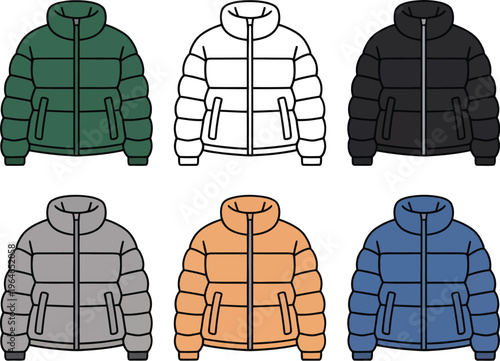 A set of colorful puffer jackets in different styles and colors