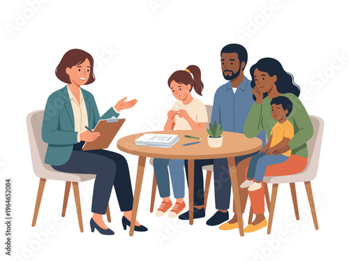 Family therapy session with a counselor and a family of four.