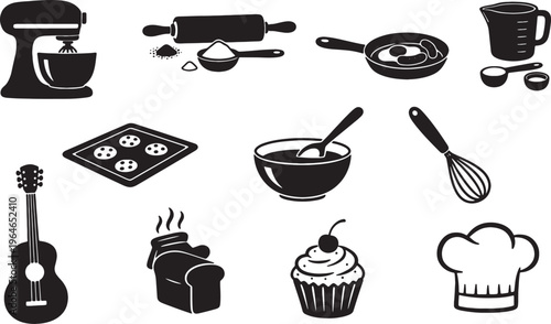 black and white kitchen and music icons on white background