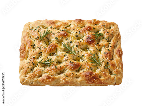 Freshly baked focaccia bread with rosemary and sea salt, golden crust Italian flatbread, artisanal herb focaccia for bakery menu or food blog isolated PNG with Transparent Background