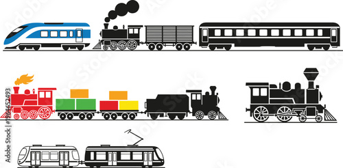 Train, collection, locomotive, railway, transport, cargo, passenger, metro, tram, vintage, modern, engine, rail, industry, travel, silhouette, illustration, icons, freight, set