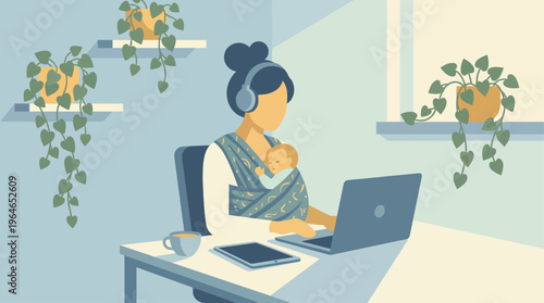 Mother working from home with baby in carrier.