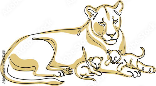 Lioness and her cubs resting peacefully together.