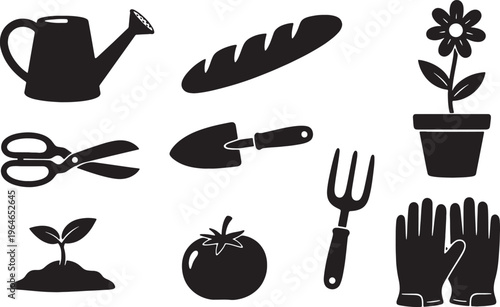 Black silhouettes of gardening tools and plants on white background