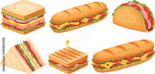 Sandwich and Fast Food Vector Set with Submarine, Club Sandwich, Taco and Filled Bread Variations for Menu Design, Restaurant Branding and Food Illustration
