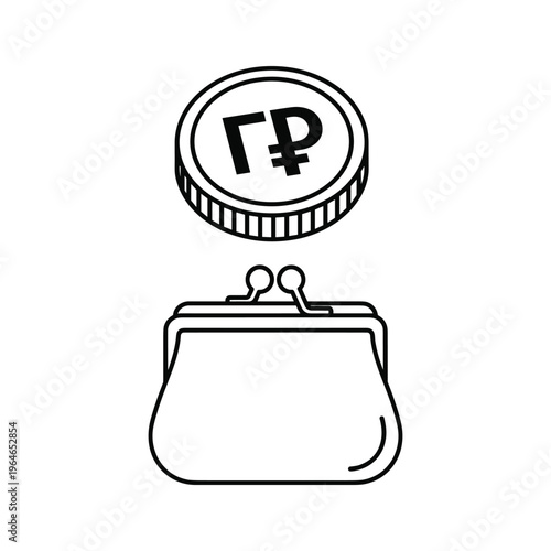 A purse with a coin symbolizing the russian ruble floating above it as a financial representation