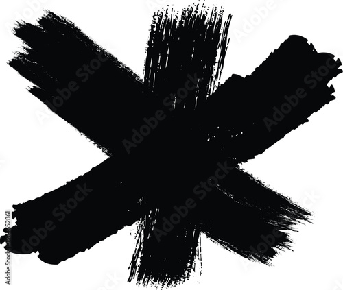 A black brush stroke x mark on a white background