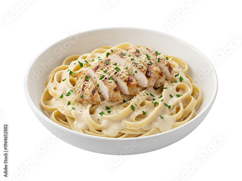 Creamy chicken fettuccine alfredo, grilled chicken breast slices over pasta with white sauce, gourmet italian dinner in a white bowl isolated PNG with Transparent Background