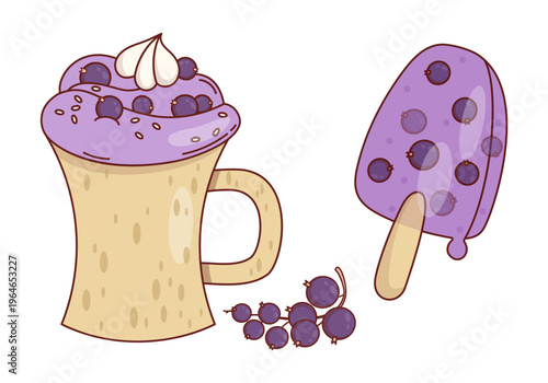 Blackcurrant Natural Dessert Set. Smoothie with Whipped Cream and Purple Popsicle with Berries. Isolated Fruit Treats. Vector Illustration.