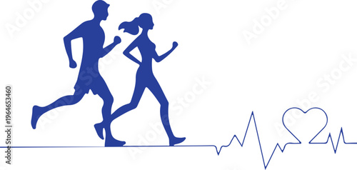 Silhouette couple jogging together with heartbeat line in blue monochrome running exercise