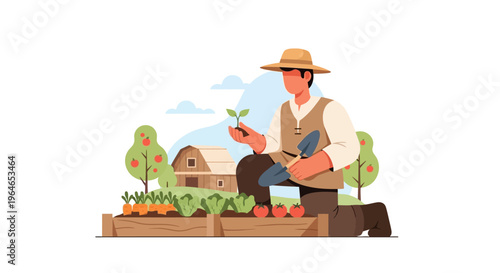 Gardener Planting Seedling in Organic Raised Garden Bed Illustration - Sustainable Farming, Home Grown Vegetables, Growth & Harvest Concept