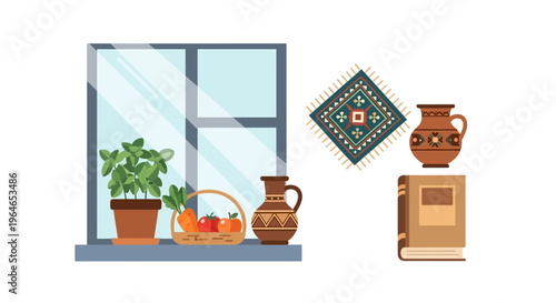Cozy Flat Design Home Decor Elements Illustration: Window with Plant & Fruit Basket, Rustic Pottery, Ethnic Rug, and Book