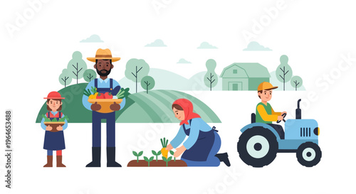Farm Life Scene: Diverse Farmers Harvest Vegetables, Drive Tractor in Rural Landscape. Organic Agriculture & Food Production Vector Illustration