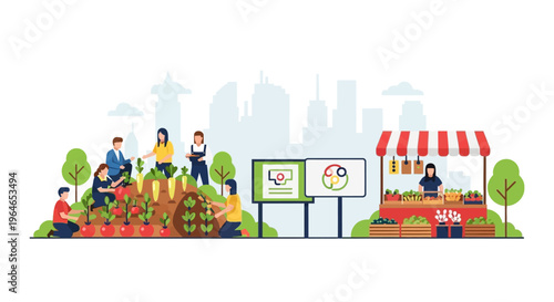 Sustainable Urban Farming & Local Food System. Community Gardeners Cultivating, Market Selling Fresh Produce in City. Flat Vector Illustration.