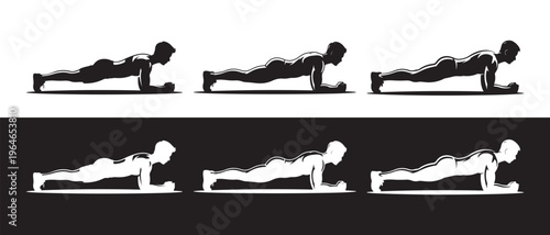 A sequence of silhouette illustrations showing a person performing a proper forearm plank exercise.