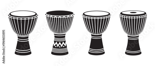 A collection of four traditional djembe drums displayed in a clean black and white vector style.