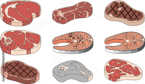 Vector icon set of fresh meat and fish, including raw and grilled beef steak, pork, and salmon for grocery or restaurant menu designs.