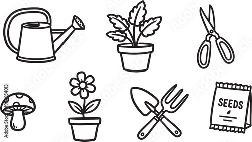 gardening tools and plants icons