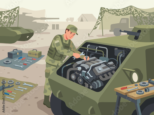 Military mechanic repairing armored vehicle engine in desert camp.