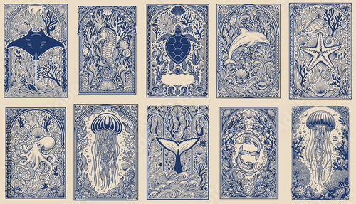 Art deco underwater print set of 10 with marine animals 