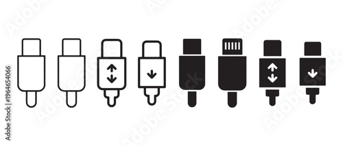 A collection of black and white line icons representing various types of usb charging cable plugs.