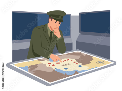 Military Officer Studying a Strategic Map in a Command Center.
