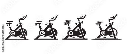 A series of four identical black icon illustrations of indoor exercise stationary cycling bikes