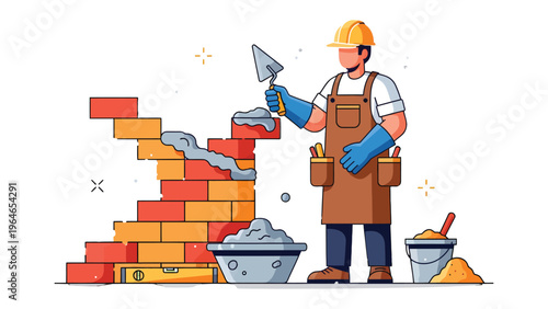 Building Harmony: A dedicated construction worker, equipped with a trowel, diligently constructs a brick wall, embodying the essence of skillful craftsmanship and steady progress.