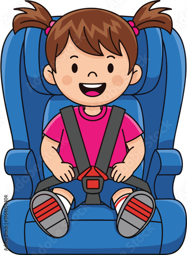 Cute little girl sitting in car seat with safety belt isolated on white background child safety vector illustration
