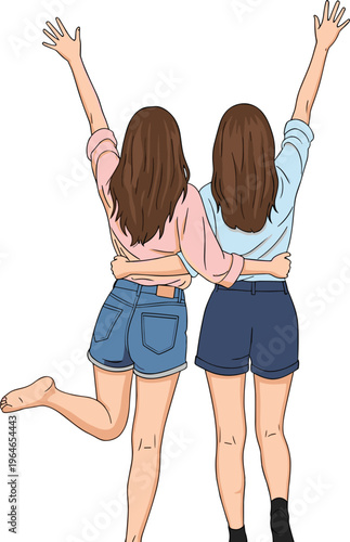 Two best friends hugging from behind with arms raised in celebration, a vector illustration of female friendship and togetherness.