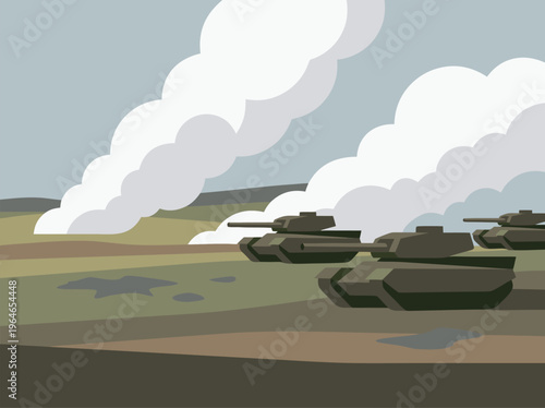 Military Tanks Advancing Through Smoke on Battlefield.