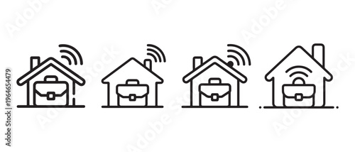 A set of four line art icons depicting a briefcase inside a house with a wireless signal symbol.