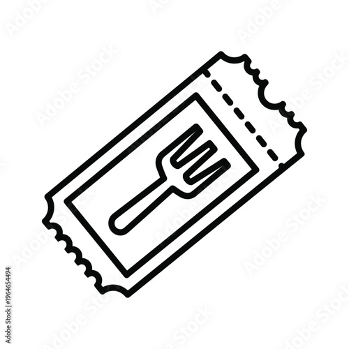 A stylized ticket featuring a graphic of a fork and knife, symbolizing dining or food events, with perforated edges for easy separation