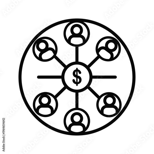 Central figure surrounded by six connected individuals symbolizing financial or resource distribution among a group