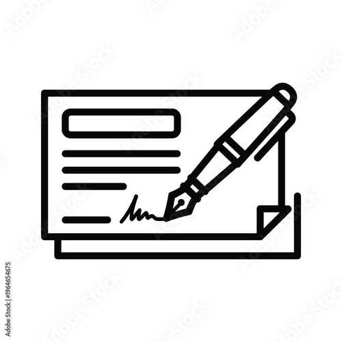 A pen signing a document with a signature line and downward arrow indicating completed action or approval process