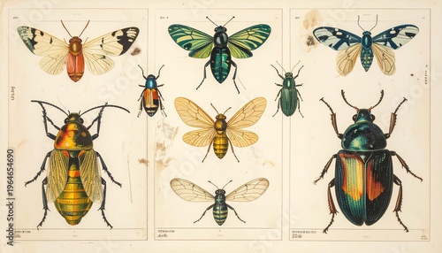 Vintage entomology illustration featuring diverse insect species on display.