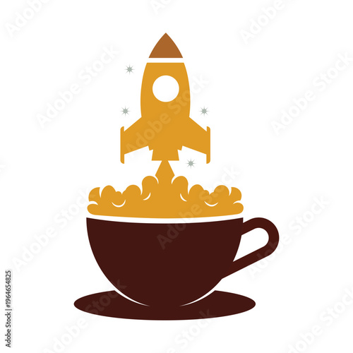 Creative Rocket Launch from Coffee Cup with Steam Clouds and Stars - Morning Energy and Startup Concept Vector Illustration for T-Shirt Design