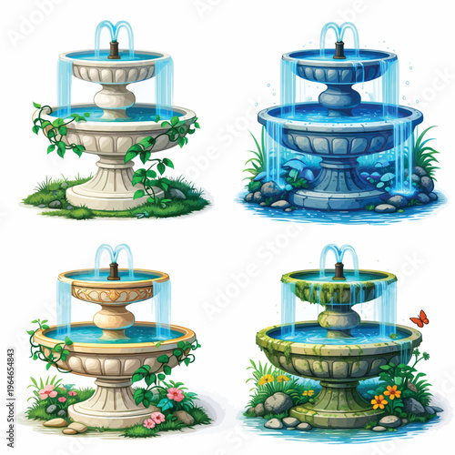 Four tiered garden fountains with cascading water and greenery: ornate decorative water features in a romantic outdoor setting with water feature