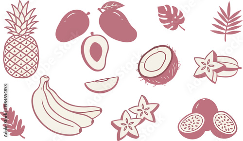 tropical fruit icons in pink and white colors