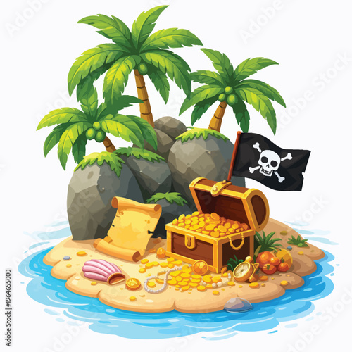 Cartoon pirate treasure island with open chest full of gold coins, palm trees and pirate flag, island hopping, tropical island, treasure hunt