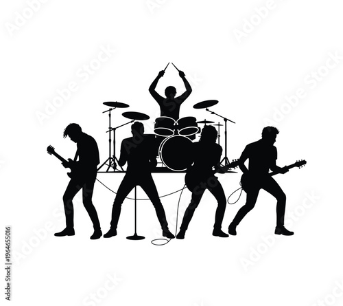 Rock band performing on stage with dynamic poses black silhouette