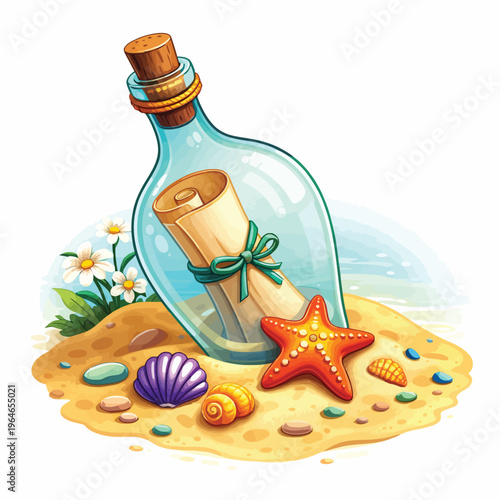 Message in a bottle with scroll, starfish, and seashells on a sandy beach background